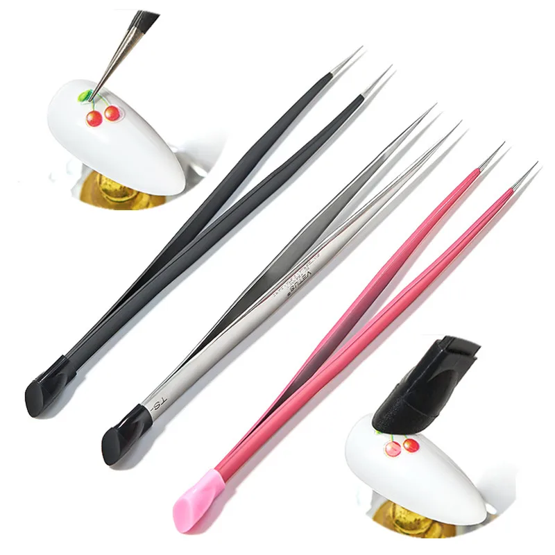 

1pc 2 Heads Straight Nail Tweezers With Silicone Pressing Head For 3D Sticker Rhinestones Picker Manicure Nail Art Tools Nails