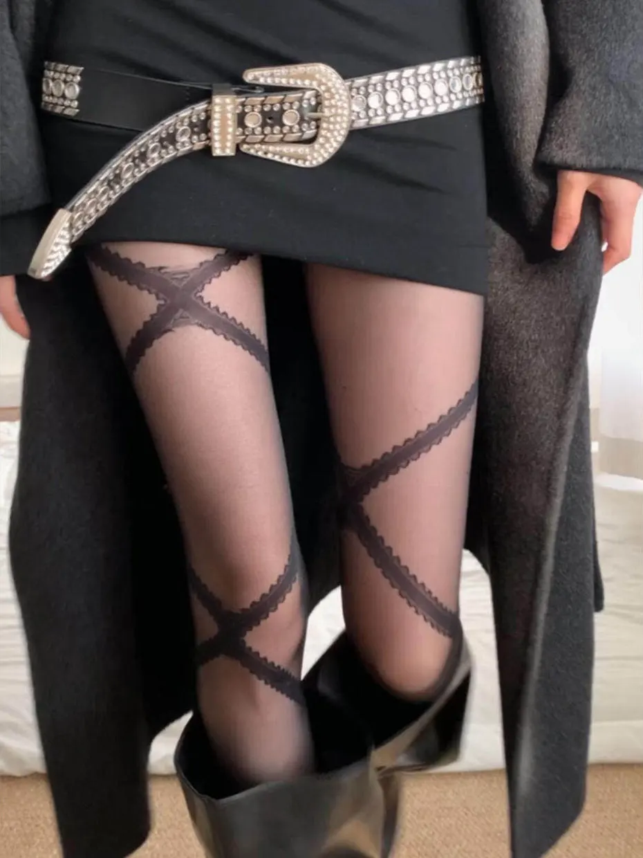 New Arrival Black Lace Cross Tie Stockings Y2K Spicy Girl High Waist Tight Fit Polyester Ladies Fashion Sports Stockings