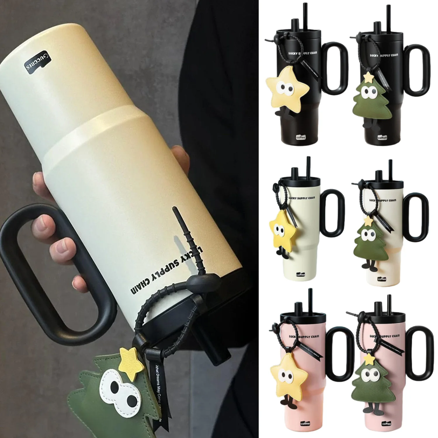 

24oz Insulated Tumbler with Lid and Straw – Leakproof Stainless Steel Travel Mug with Handle,Dust-Proof Cover, and Leather Charm