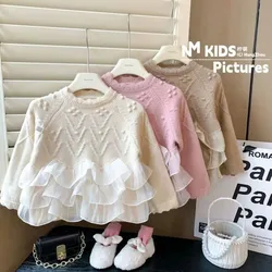 Girls' Princess Lace Splice Sweater 2024 Autumn/Winter New Thickened Warm Knitwear Children's Baby Pullover Sweater