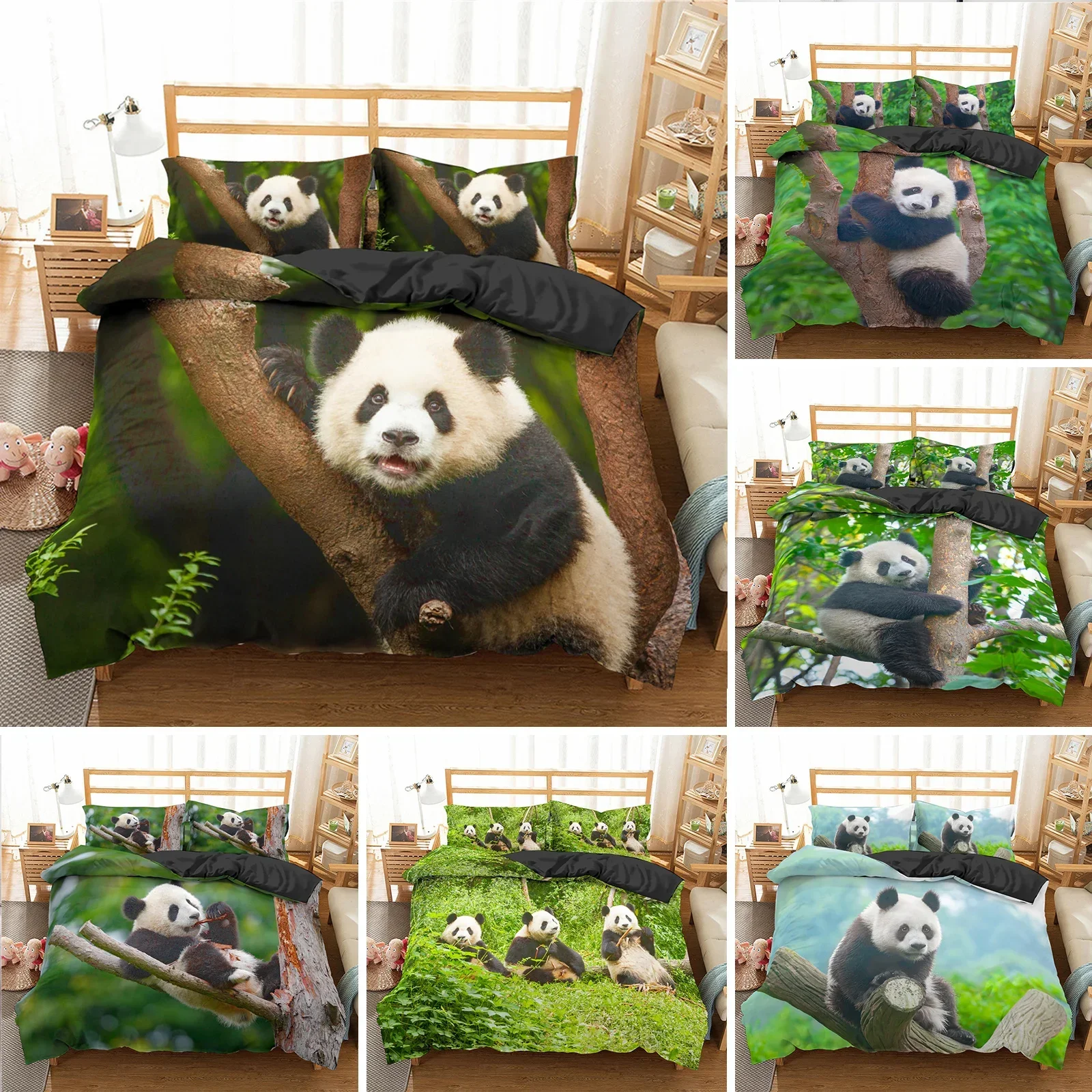 Panda Duvet Cover Set King Queen Cute Animal Different Poses Bamboo Branch Bedding Set Black White 2/3pcs Polyester Quilt Cover