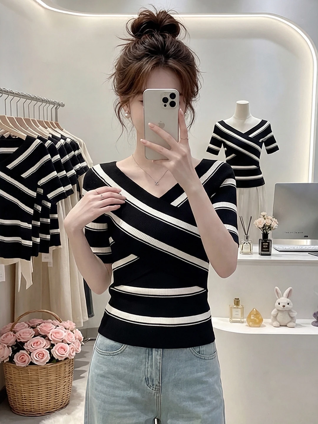 Slimming Striped V-Neck Knitted Short Sleeve T-Shirt Women's plus Size Summer Fashionable Top Korean Style Commute Wind