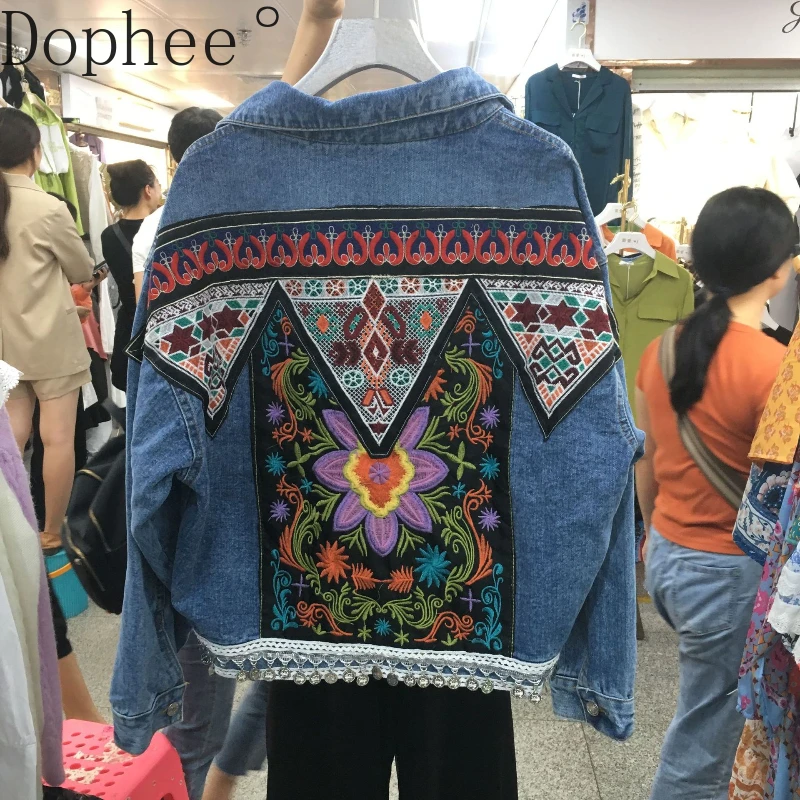 

National Style Embroidery Loose Women Denim Jacket 2024 New Spring Autumn Travel Vacation Bohemian Long Sleeve Jeans Coat