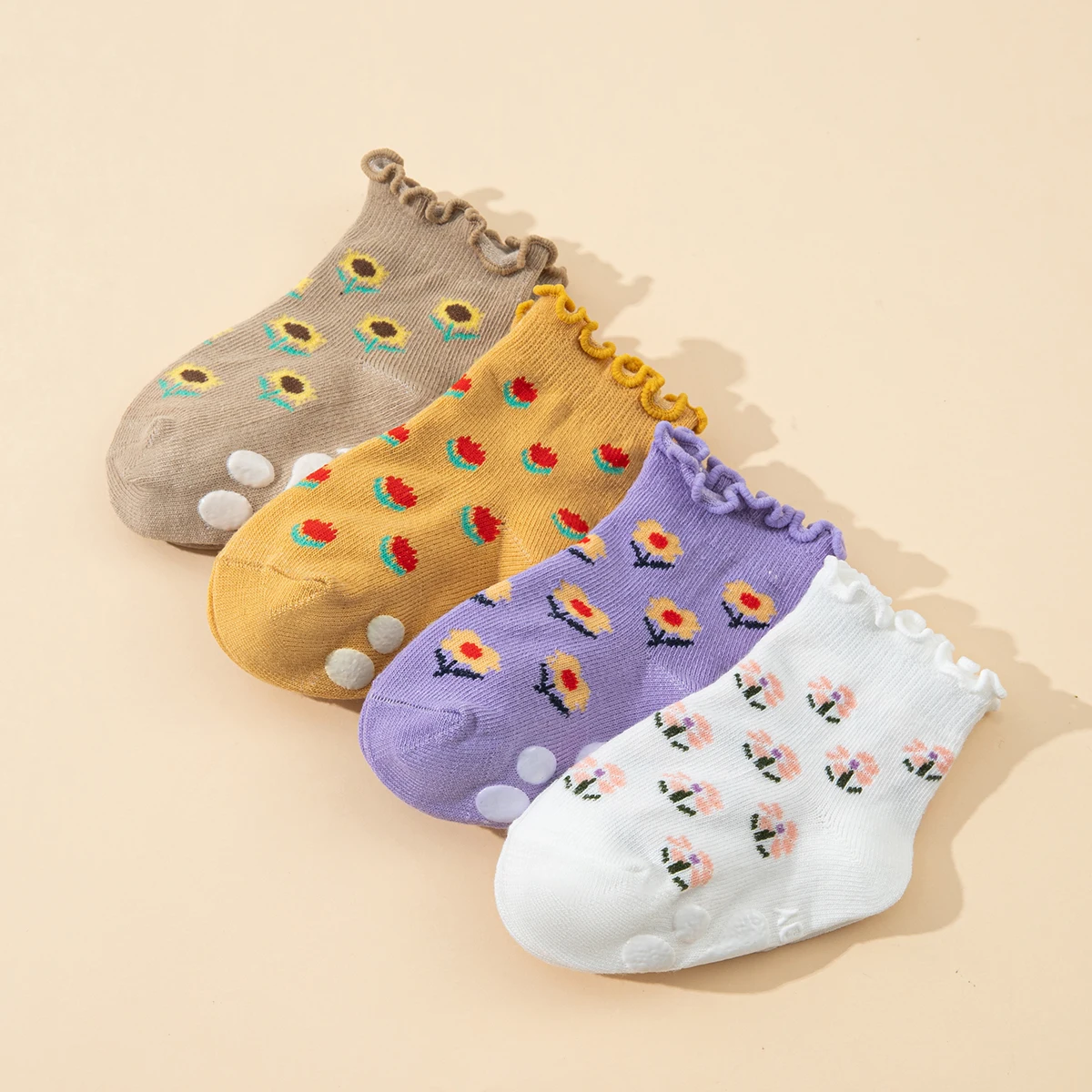 4 Pairs Baby Girl Non-slip Socks Cute Floral Print Cotton Ruffle Cuff Toddler Floor Socks with Anti-slip Grips for Infants