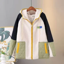 Korean Loose Thickened Cardigan Hoodies Women Lamb Wool Padded Jacket Stitching Contrast Color Plus Velvet Hooded Coat Winter
