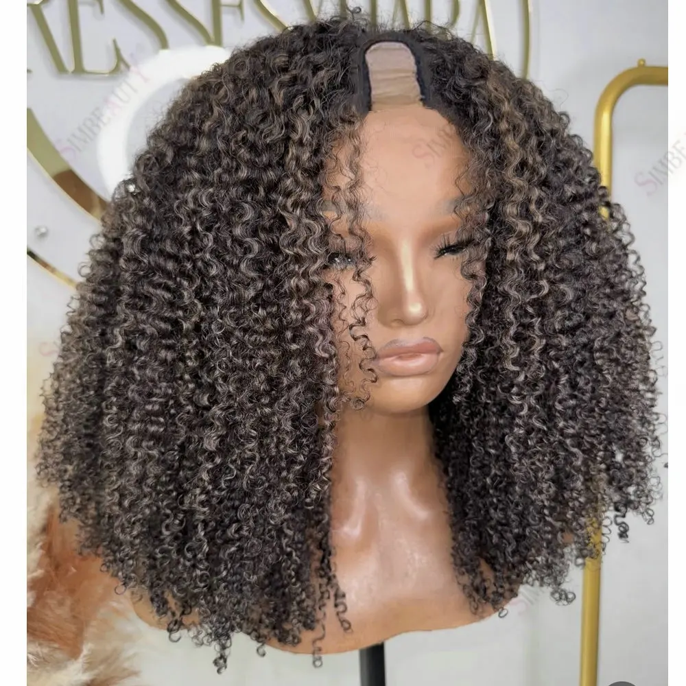 Hightlight Kinky Curly Remy Echthaar 1x4 Größe U-Part Perücken für schwarze Frauen, täglicher Gebrauch, klebefreie V-Part Perücken mit Clips, einfache Anwendung – Detail 2