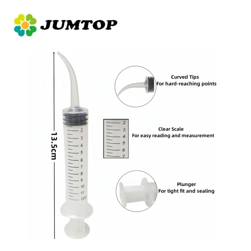 JUMTOP Disposable Dental Irrigation Syringe with Curved Tip Clear 12 ml Injector Teeth Whitening Hygiene Tool