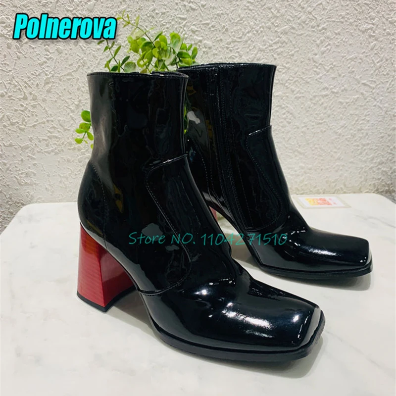 

Женские рыцарские сапоги из лакированной кожи с квадратным носком во французском стиле, короткие сапоги на толстом каблуке 8 см, весенне-осенние новые высокие каблуки