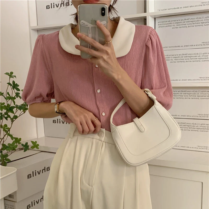 

Chic Color Blo Doll Collar ort Sve Knitted Open Cardigan Women's Thin Design Sensation Bubble Sve Top Korean Sle