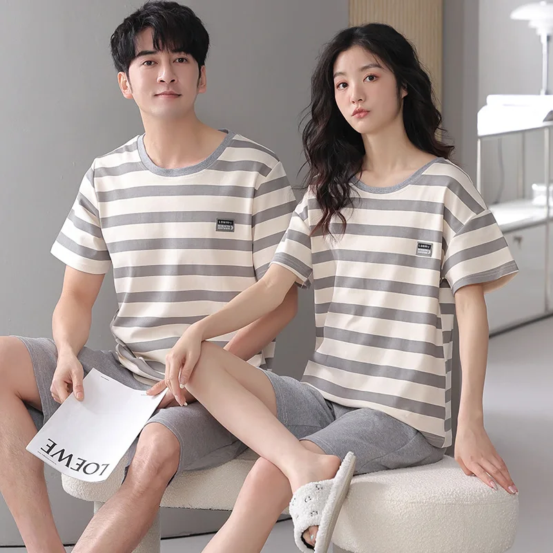 Big Size M-4XL Couple Pajamas Set Summer Short-Sleeved Sleepwear 100% Cotton Men And Women Home Suit