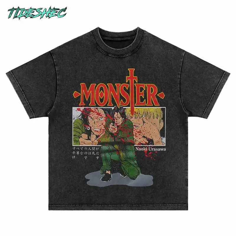 

Vintage Oversized T-Shirt Alphabet Pistol Boy Cartoon Graphic Print Washed Tshirt Streetwear Hip Hop Harajuku Fashion Top