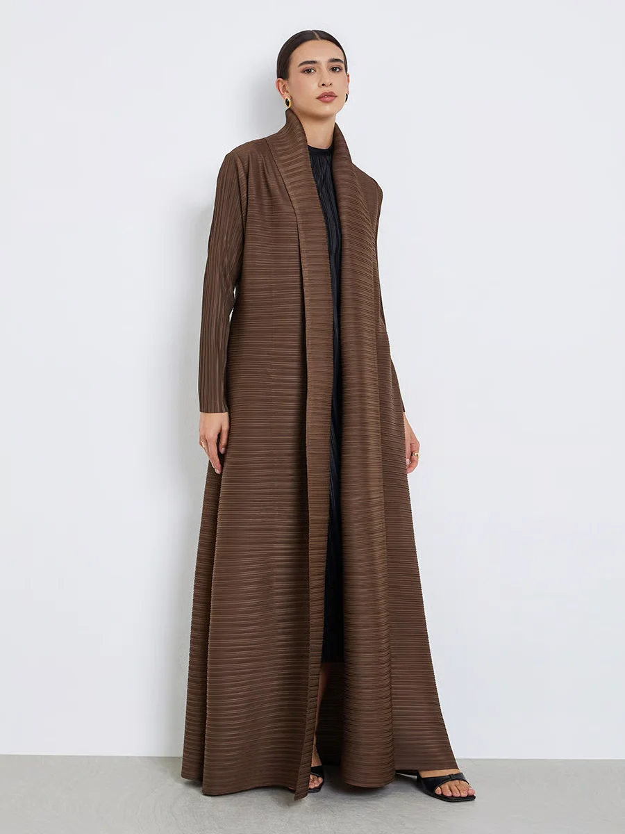 

Fold Brown Pleated Belted Waist Robe Soft Fabric Elegant Abaya Minimalist Modest Wear 2025 Trendy Daily Casual Ensemble
