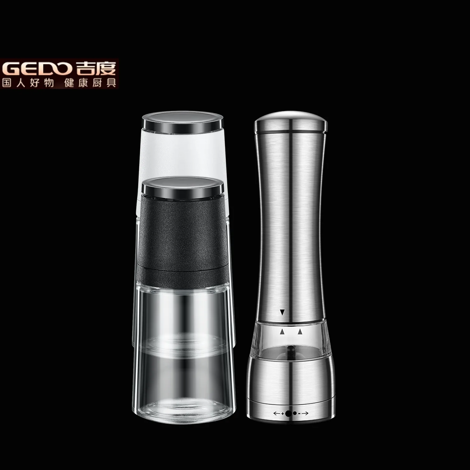 

GEDO LFGB Certification 304 Stainless Steel Kitchen Pepper Mill 11.4cm/21.4cm Length Thickness Adjustable Salt and Spice Grinder