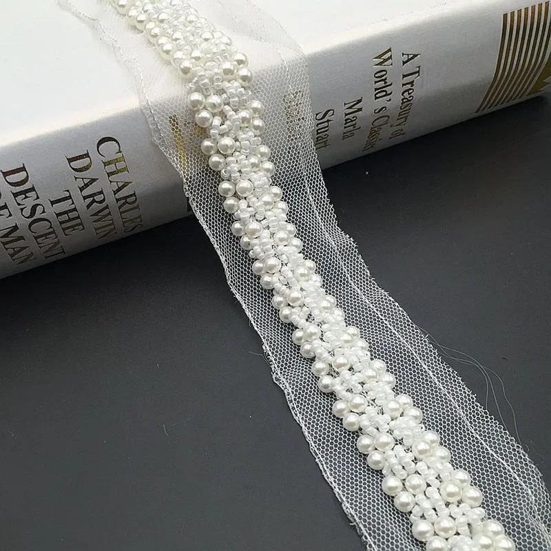 50CM Off White Beaded Lace Trim Tape Fabric Ribbon DIY Collar Sewing Garment Belt Wedding Dress Pearl Lace Materials