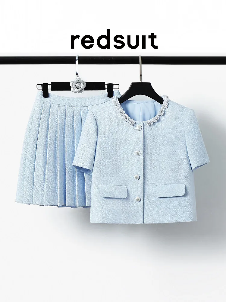 New Heavy industry diamond studded blue short sleeved top+slimming pleated skirt Custom Size