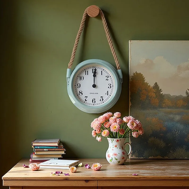 Nordic Silent Wall Clock Retro Simple Metal Clock Creative Quartz Hanging Rope Wall Clocks Living Room Watch Home Decoration