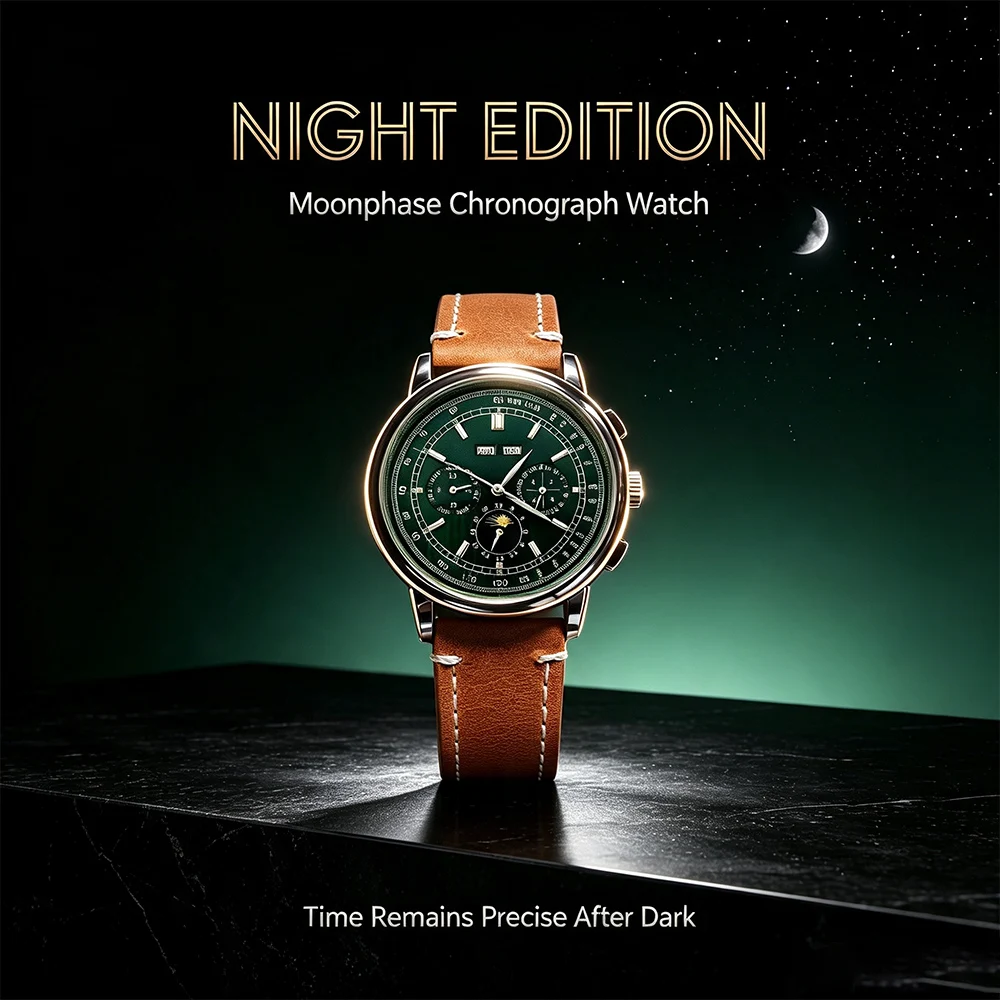 Men ST1655 Movement Moon Phase Automatic Watch Retro Pilot Chronograph Week Date Display Brown Leather Band Classic Dress Watch