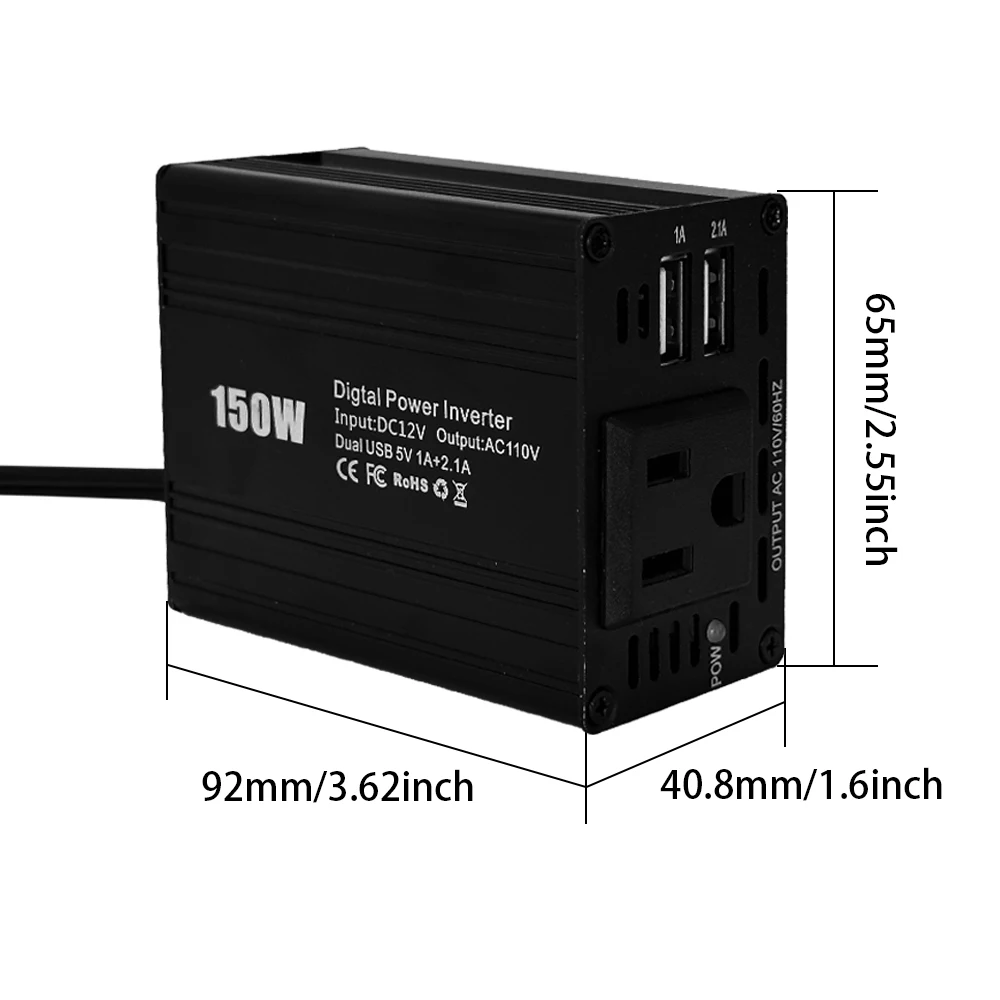 Transformador automático do carro com Dual USB US Socket, Conversor de energia, 150W, DC para AC, 12V a 110V, Adaptador para carro, Dropship