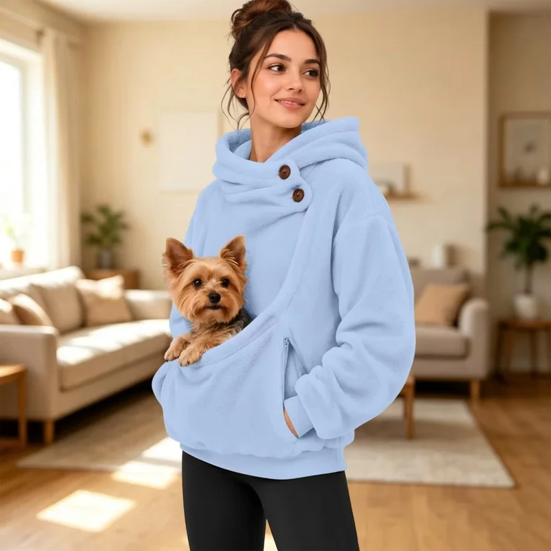 New Pet Pocket Hoodie Fleece Two-Button Hooded Pullover Autumn Winter Big Pouch Pocket Loose Casual Hooded for Small Cats Dogs