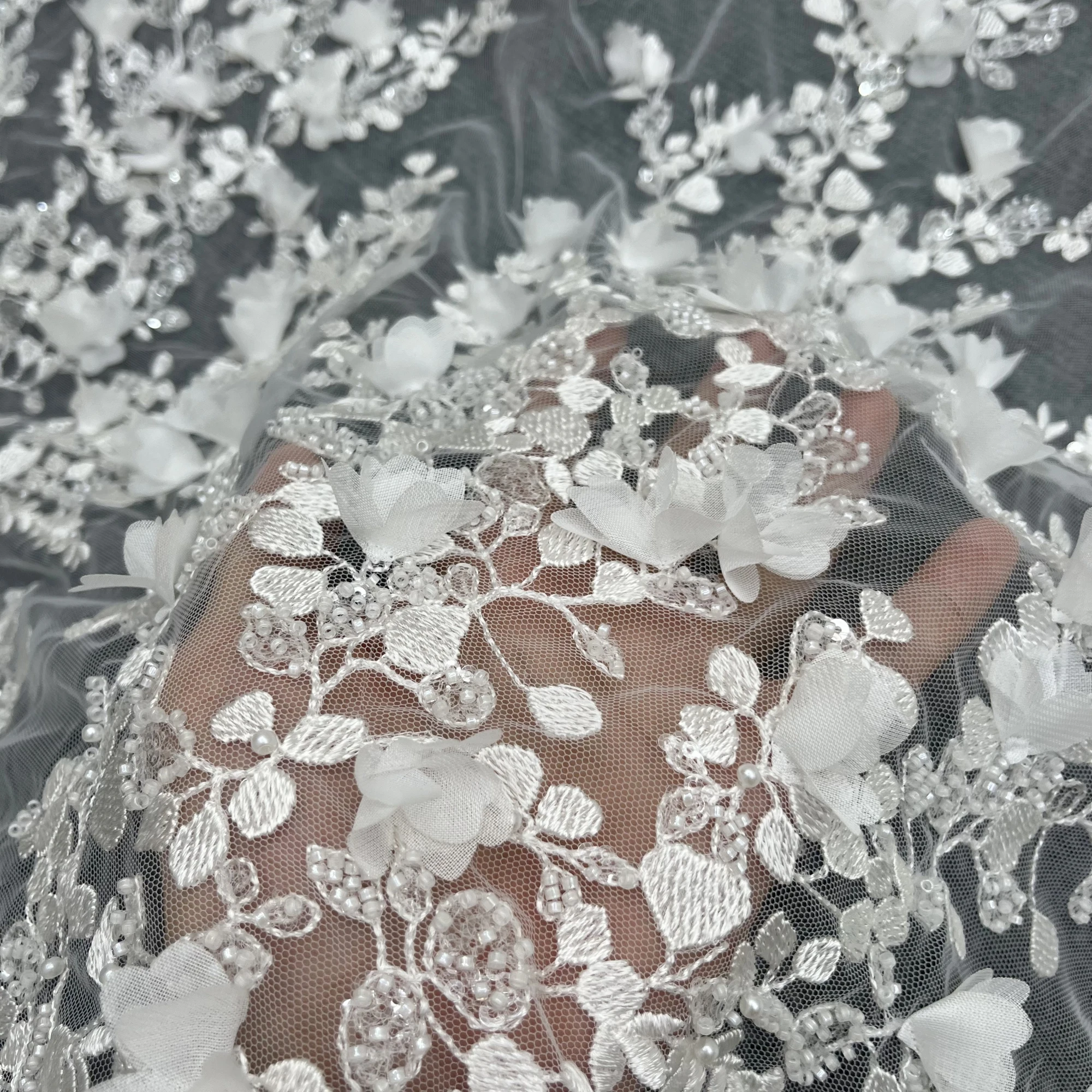 Handmade 3D Flowers Unique Design Sequins Embroidery Fabric Wedding Dress Customized Clothing Lace Fabrics