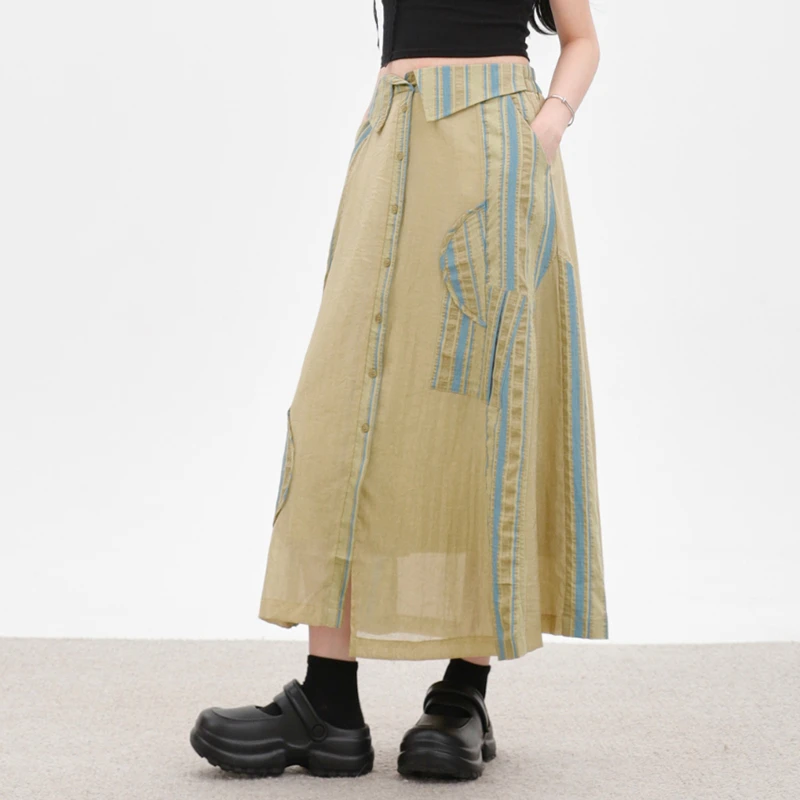 26 New Arrival Spring/summer Casual High Waist Striped Patchwork A-line Skirts Loose Design Ankle-length Long Skirts Women T169