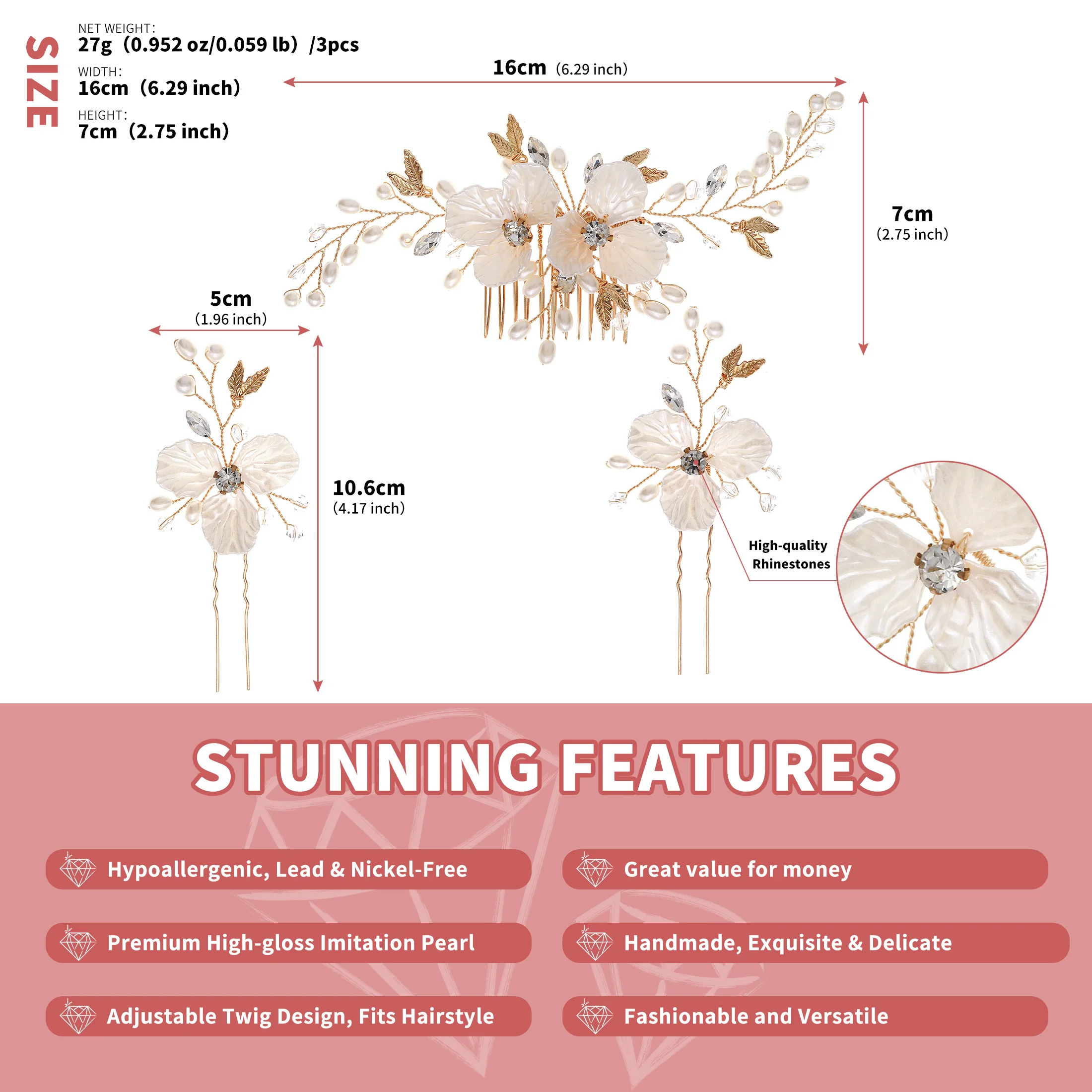 3Pcs/Set Elegant Handmade Pearl Flower Wedding Hair Combs Pins for Brides Gold Leaf Bridal Headpiece Hair Jewelry Accessories image 6