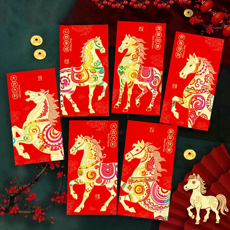 6Pcs/set Chinese New Year Money Envelope Horse Year Red Envelope Red Pocket Spring Festival Envelope