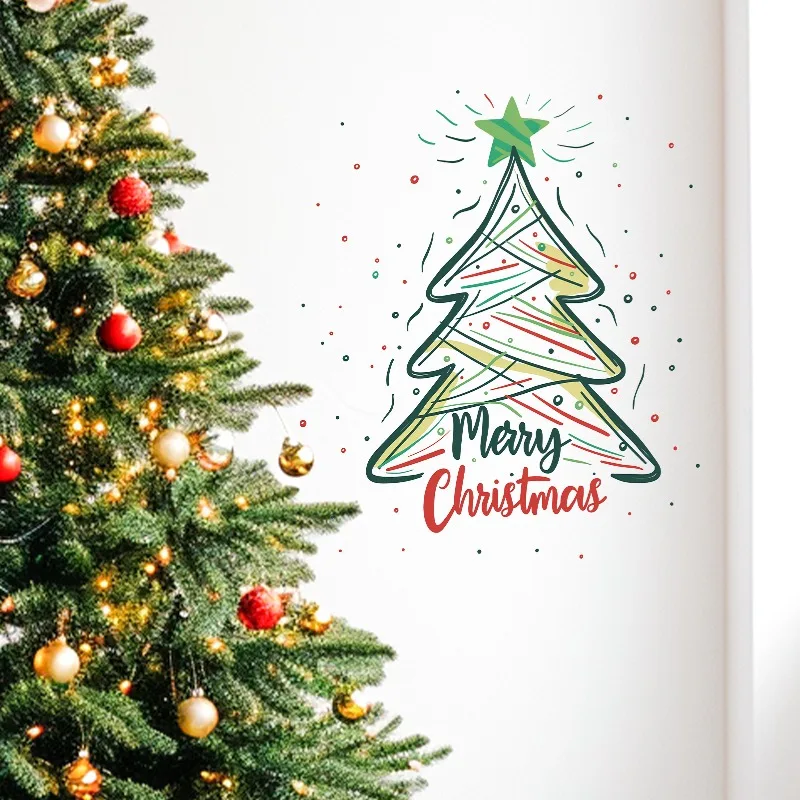 New Christmas Painted Lines Christmas Tree Window Stickers Living Room Dining Room Glass Doors and Windows Decorative