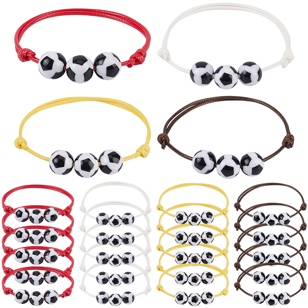 24Pcs 4 Colors Soccer Charm Bracelets Soccer Football Beaded Ball Bracelet Adjustable Wristband Sports Party Favor Gifts for Men