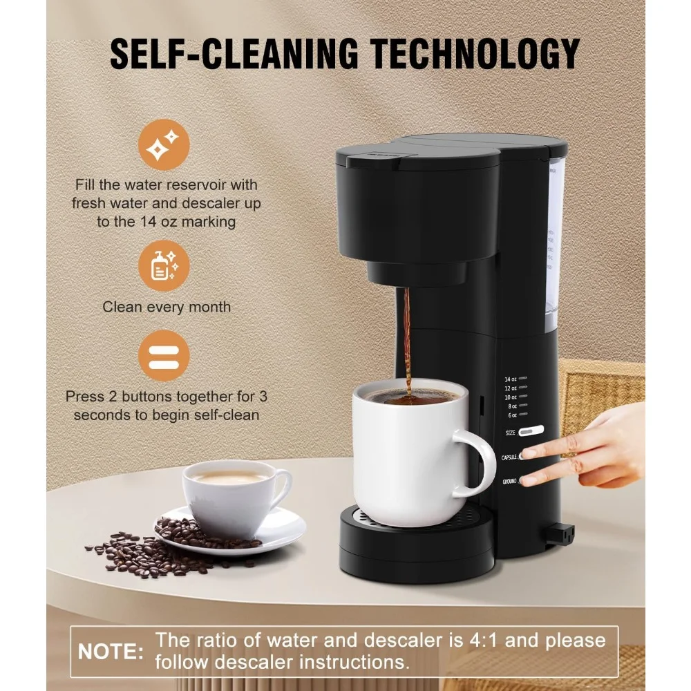 Single Serve Coffee Maker para K Cup e Coffees moídos, Milk Frother, 6 a 14 Oz Brew Tamanhos, Auto-Off Coffee Machine