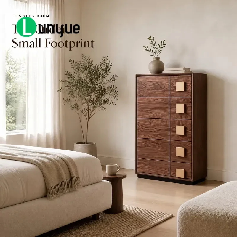 Modern Black Walnut 5-Drawer Chest Square Handles Bedroom Living Room Storage Furniture Sturdy Wood Dresser Home Decor