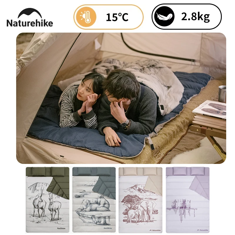 Naturehike Double-person Pattern Sleeping Bag with Pillow 4 Seasons for Family Camping Travel Lightweight Envelope Sleeping Bag