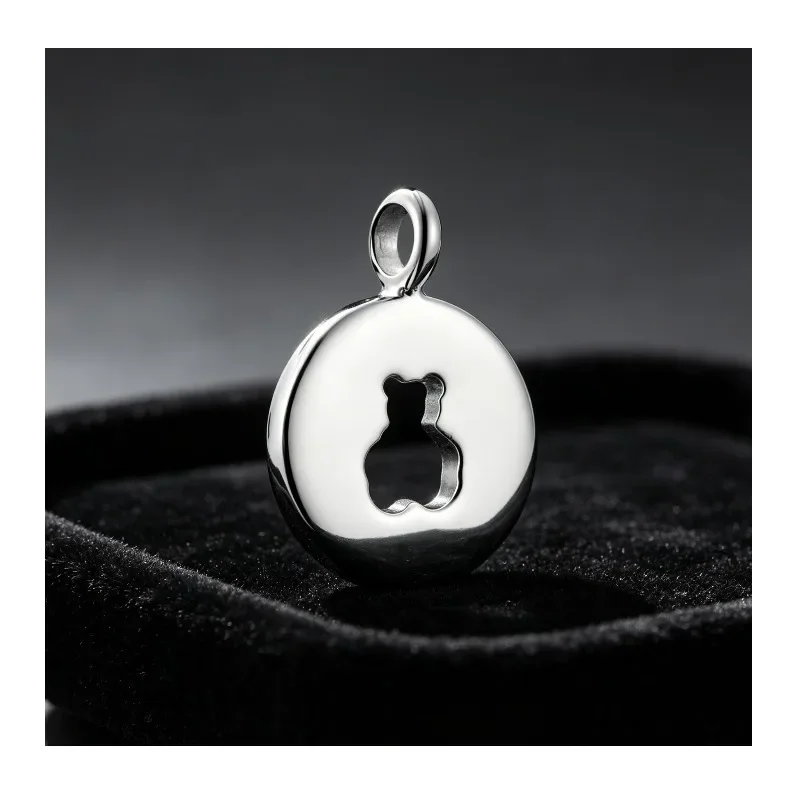 Minimal Mirror Silver Disc Charm Hollow Bear Silhouette Round Coin Pendant Women Fashion Handmade Necklace Accessory