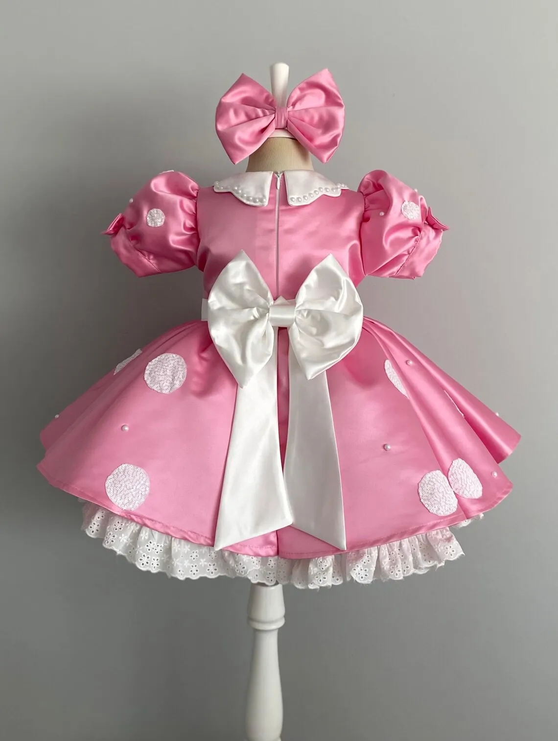 Summer Pink Satin Baby Girl Lolita Princess Dress With Bow Headband Toddler 1st Birthday Outfit Kids Photoshoot Party B642