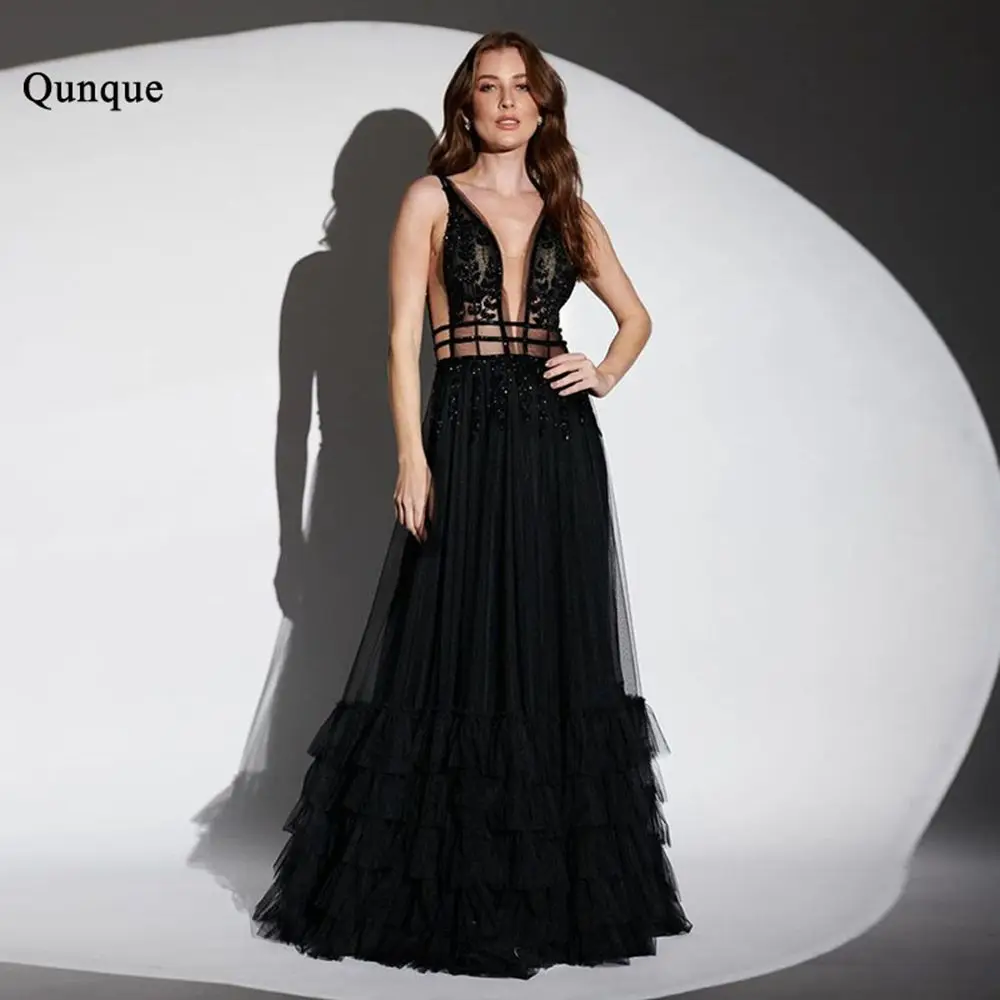 Qunque Sexy Deep V-neck Prom Dresses Tiered Floor-Length Elegant Formal Party Evening Gown Customized Lace Beaded فساتين السهرة