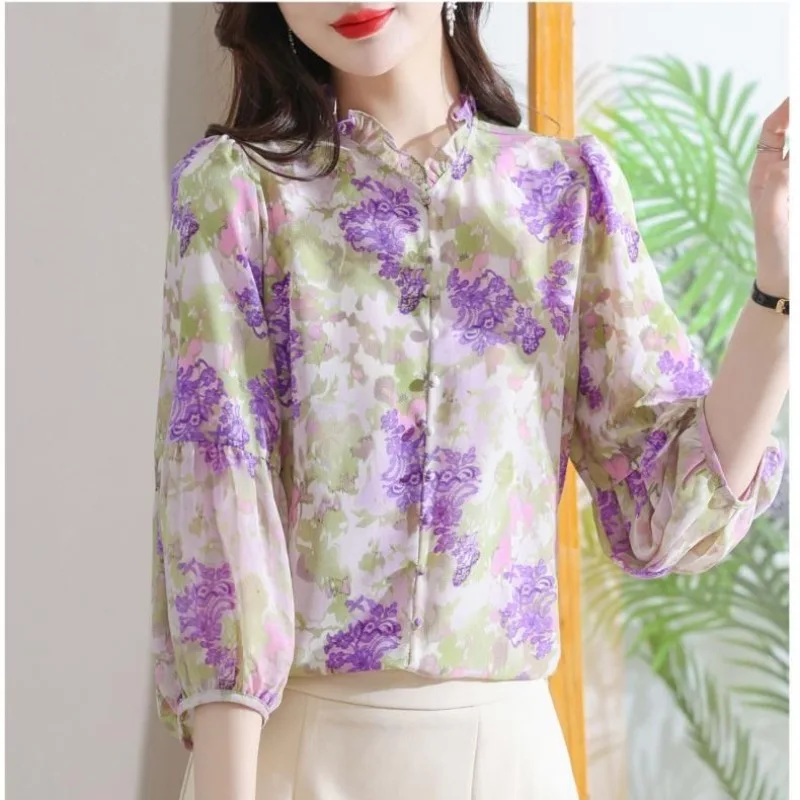 Plant&Flowers Printing Lantern Long Sleeve Women\'s Spring Autumn Round Neck Pullover Chiffon T-shirt Trendy All-match Tops