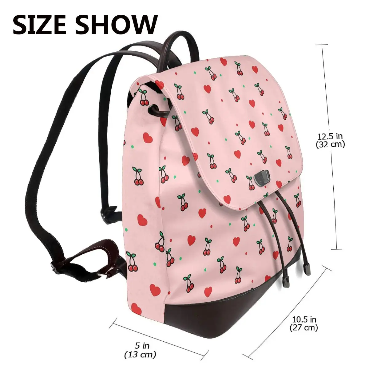 Cherry Heart Design Pattern With Pink Background Bookbag School Student Bags Hiking Travel Daypack for Women Derma Backpack