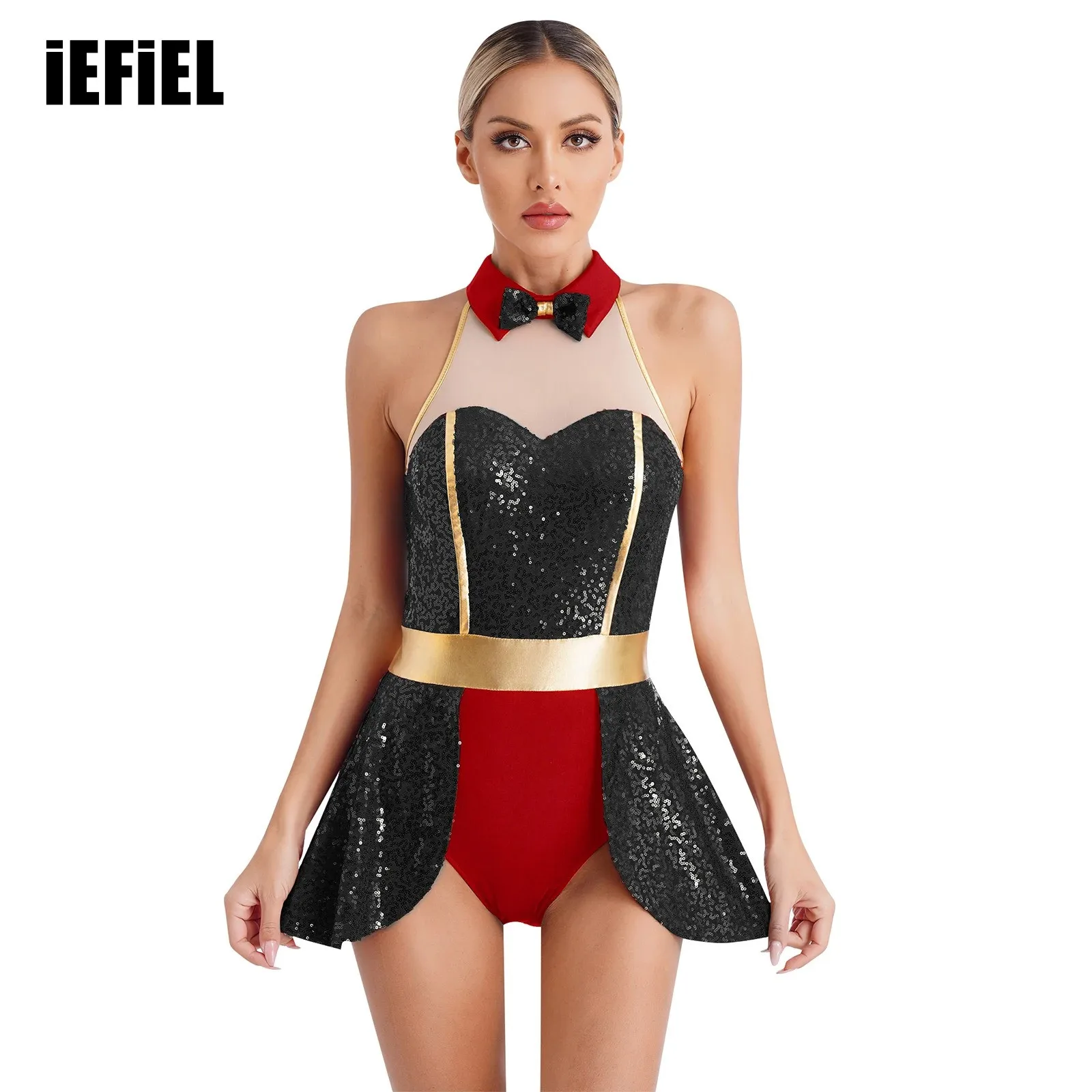 

Womens Circus Bodysuit Dress Sequin Leotard Dress Ringmaster Bowtie Keyhole Sleeveless Skirted for Halloween Ice Skating