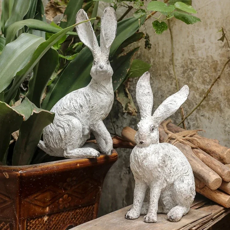 Garden Rabbit Figurines Indoor and Outdoor Decoration Home Decor Ornaments for Office and Bedroom Rustic Animal Sculpture