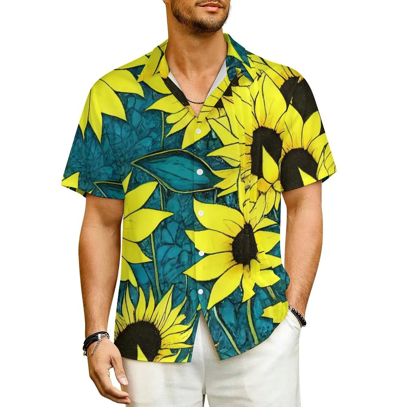 

Cool Sunflower Vacation Shirt Men Huge Sunflowers Elegant Casual Shirts Hawaiian Short Sleeves Breathable Oversized Blouses