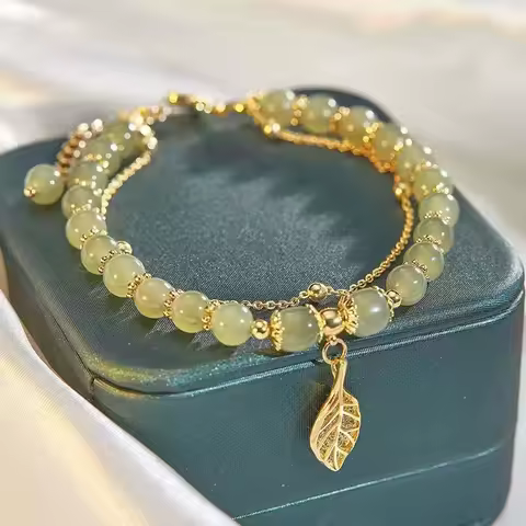 Chinese Style Green Hetian Jade Bracelet For Women Vintage Gold Color Leaves Double Layer Beaded Bracelet Jewelry Gifts