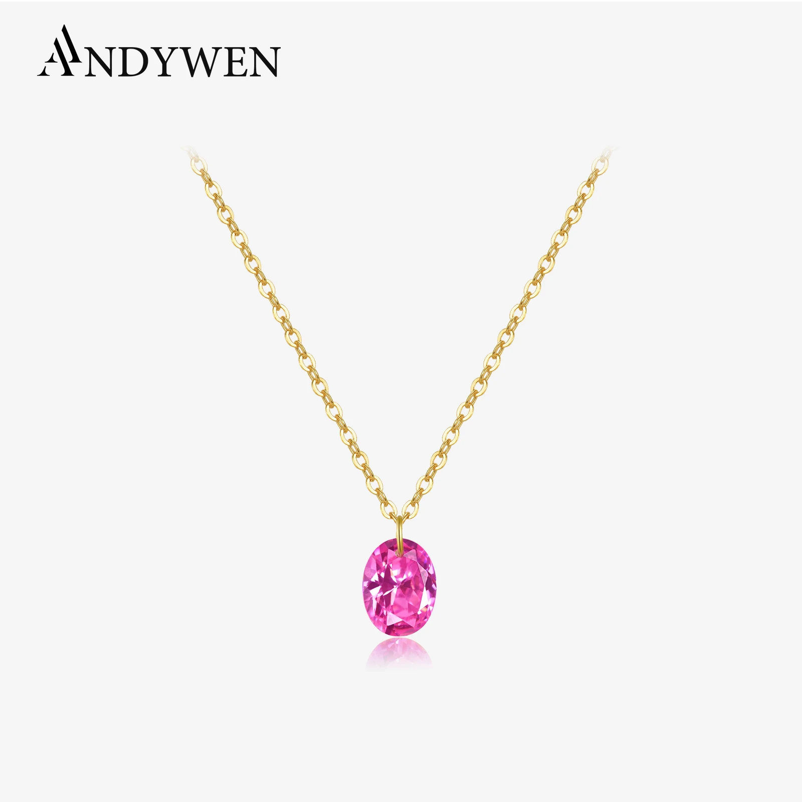 

ANDYWEN Стерлингового Серебра 925 пробы Розово-Розовый Овальный Кулон Циркон Ожерелье с Подвеской Длинная Цепочка 2025 Роскошные Изящные Ювелирные Изделия Подарок