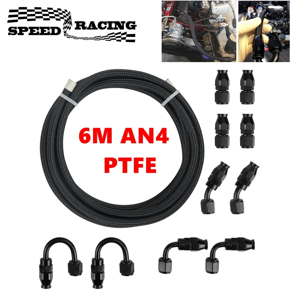 6M AN4 PTFE Fuel Line Hose Kit, Nylon Braided Fuel Hose with 0+45+90+180 Degree Swivel Fuel Hose End Fitting Adapters Kit