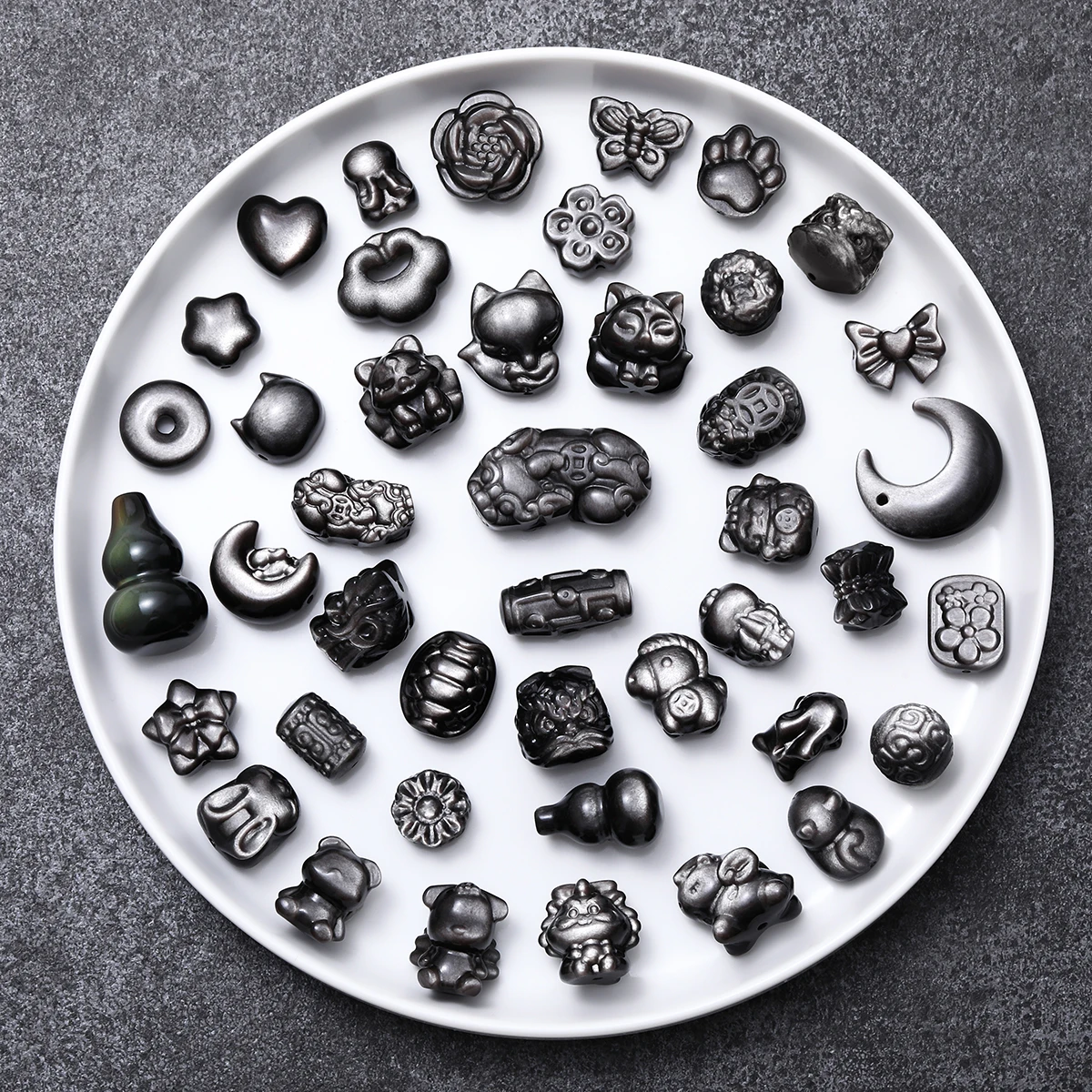 1 Pc Natural Stone Silver Obsidian Carved Cat Bear Fox Shape Bead Cute Spacer Beads For Jewelry Making Diy Bracelet Necklace