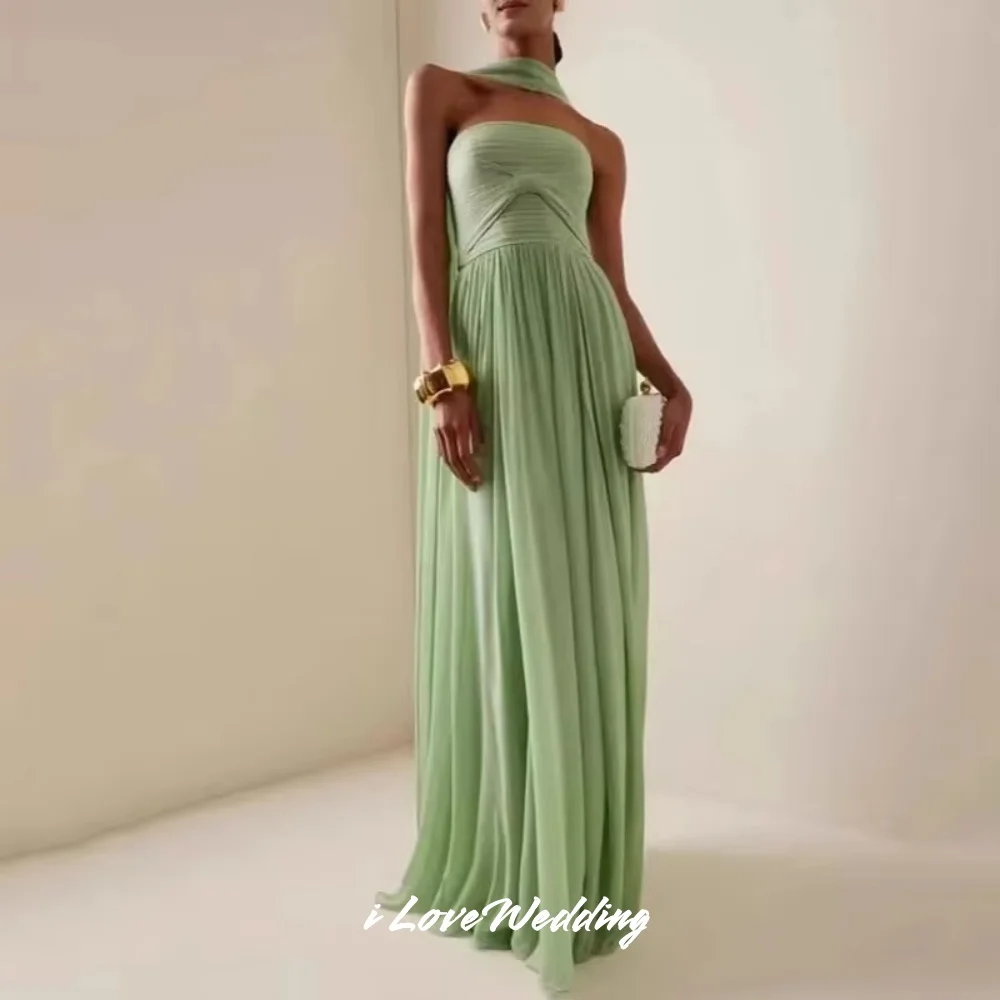

Green Strapless Evening Dress 2025 Chiffon Sleeveless A-line Pleat Backless Floor-Length Elegant Wedding Party Dress Customized