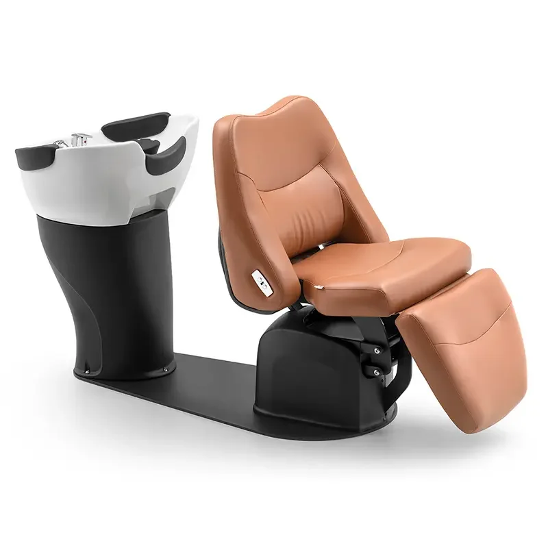 Luxury Orange Leather Rotation Massage Washing Bed Modern Reclining Electric Shampoo Chair