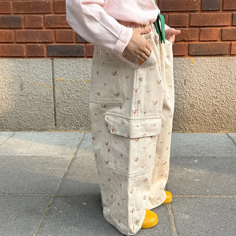 Childrens Spring Autumn New Pants 2025 Korean Fashionable Casual Daily Floral Print Straight Long Pants Girls All-match Trousers