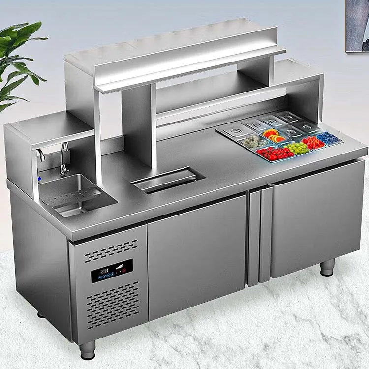 Commercial Electric Stainless Steel Milk Tea Shop Counter with Ice Well and Cocktail Station