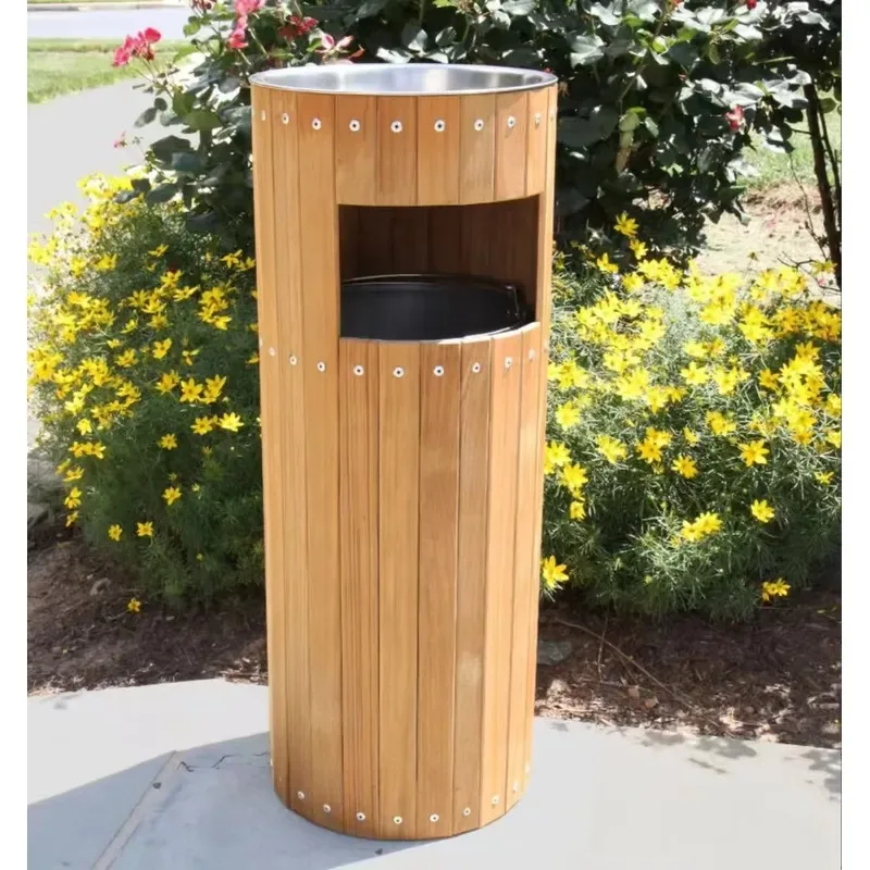 Modern Simple Steel and Wood Trash Can with Ashtray for Villa Square Outdoor Use Manufacturer Customization