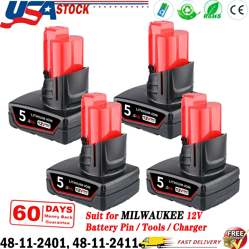 

1/2/4 шт., 5,0 Ач, литий-ионный сменный штифт M12 для Milwaukee, 12 В, совместимый с 48-11-2460 48-11-2412 48-11-2401, аккумулятор для инструментов